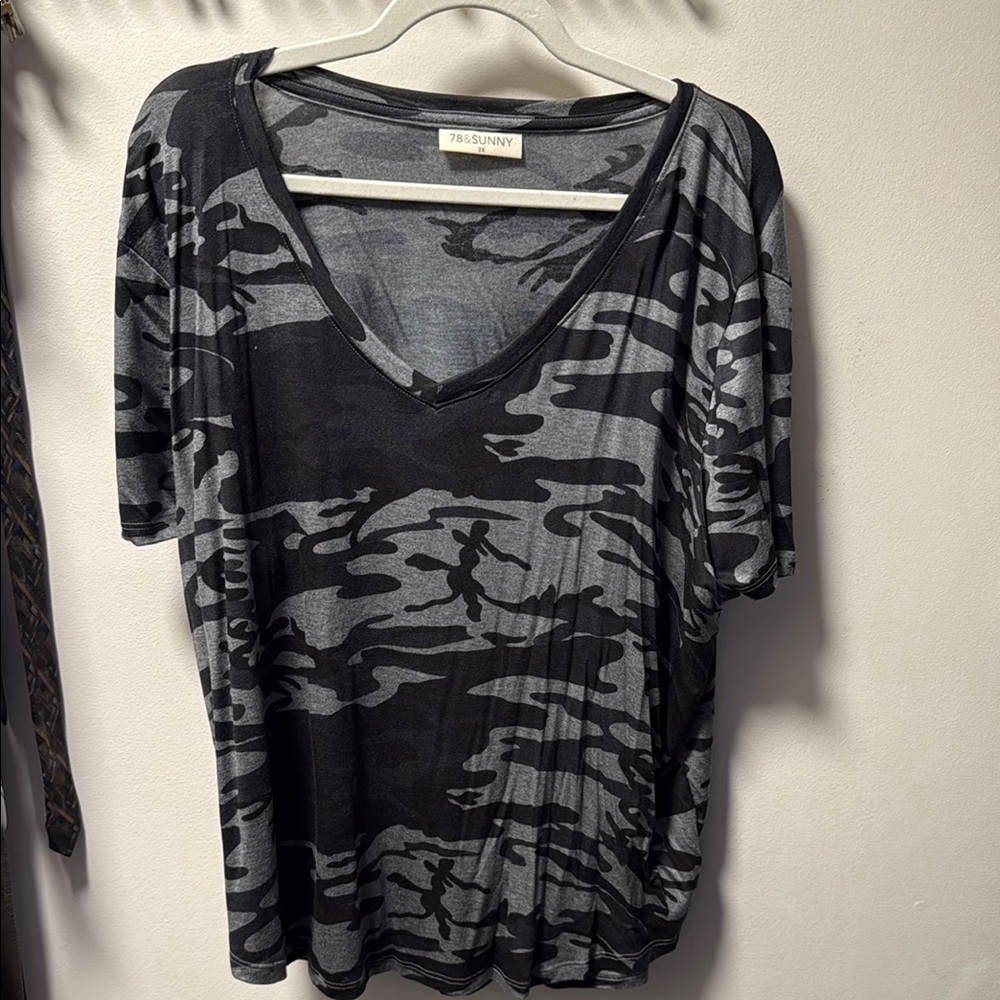 Black and Gray Camouflage V-Neck Tee